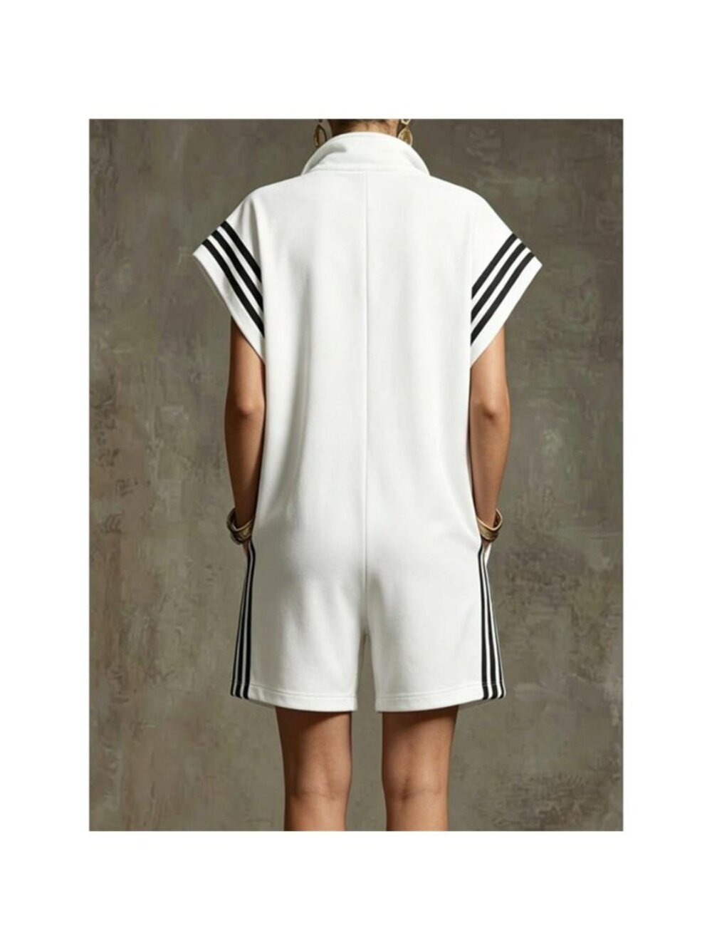 Striped Zip Front Short Sleeve Romper - Picture 12 of 15
